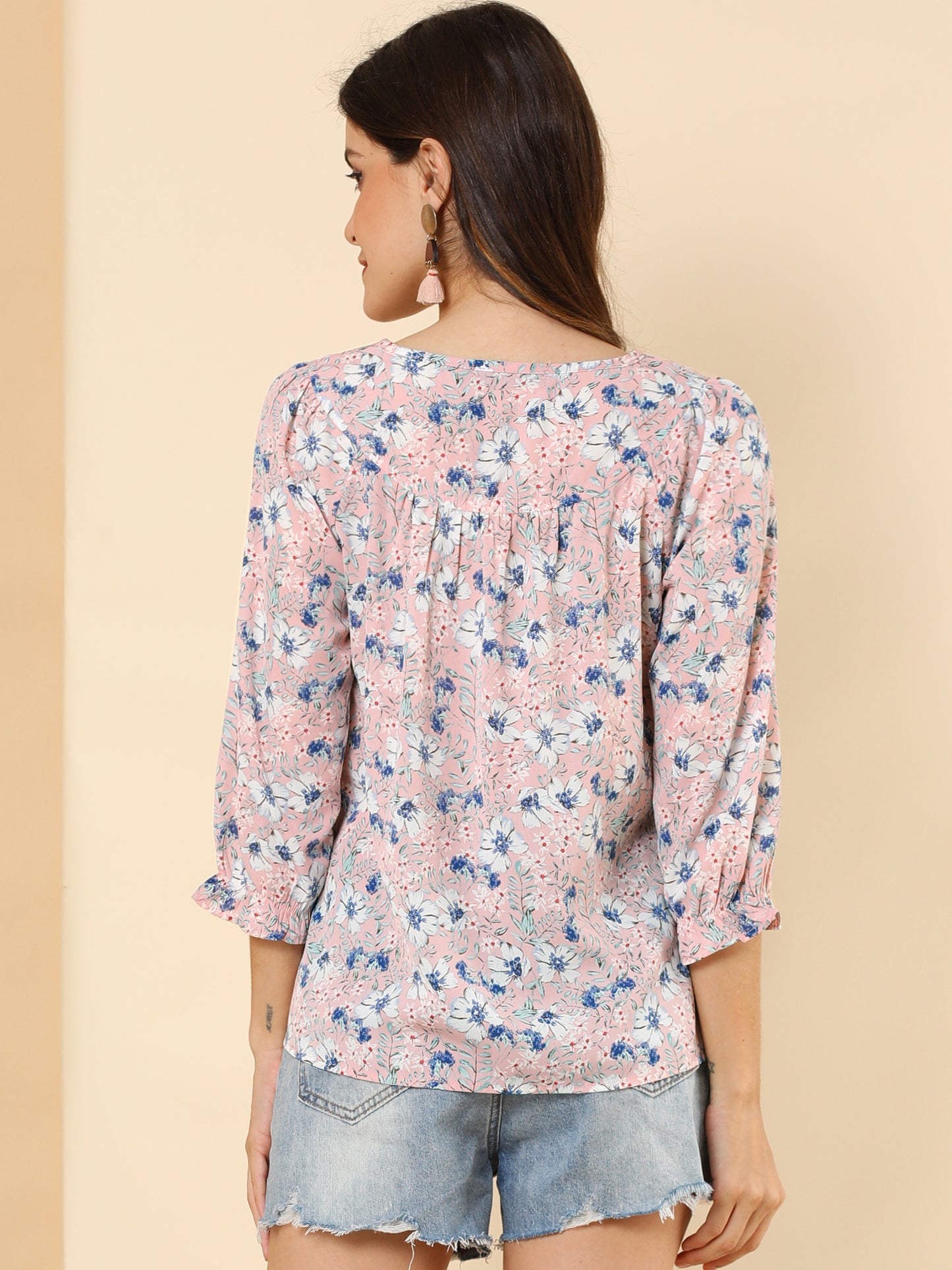 Women's Tie Neck 3/4 Sleeve Floral Blouse Bow Top