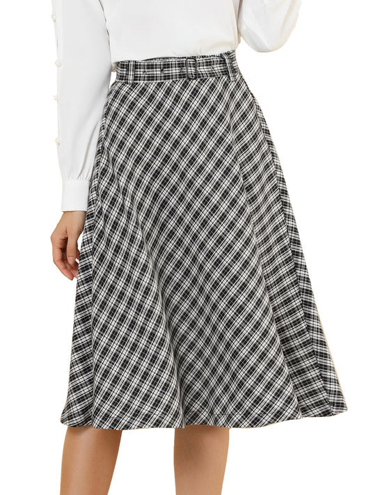 Falda midi vintage de corte A con cintura alta y cinturón para mujer con cuadros escoceses