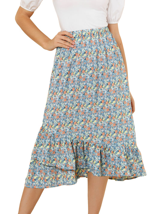 Falda floral de verano para mujer, cintura elástica, dobladillo alto y bajo con volantes, falda midi
