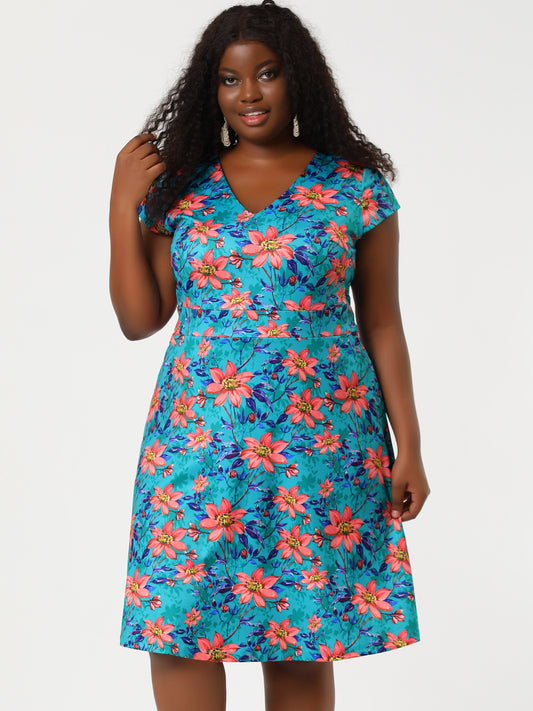 Women's Plus Size Dresses Deep V Neck Above Knee Cap Sleeve Floral Dress