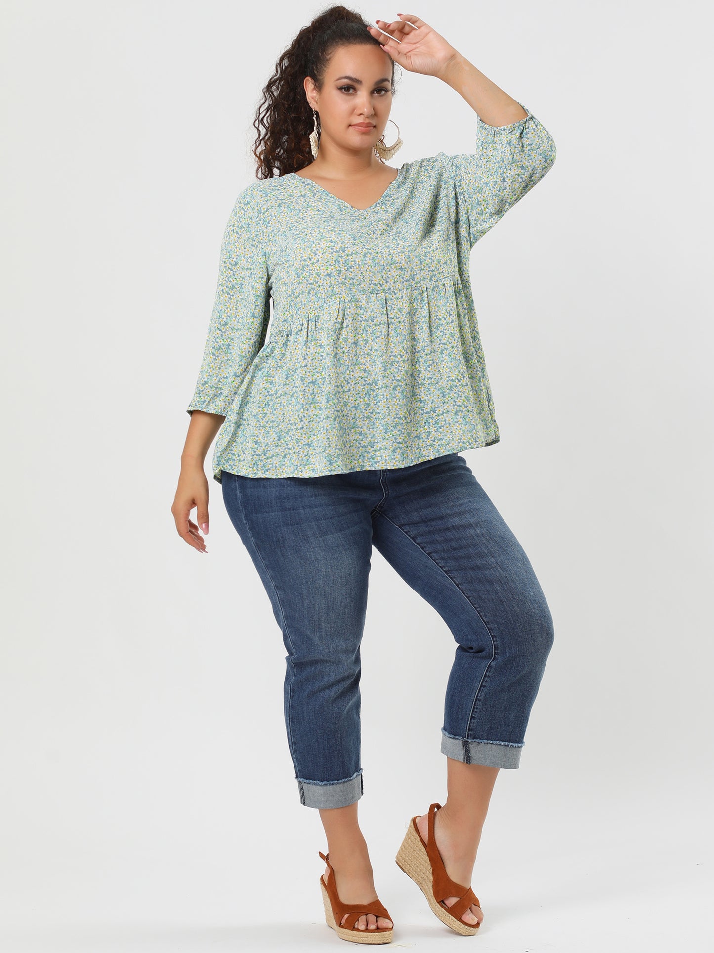 Women's Plus Size Top V Neck Babydoll Flowy 3/4 Lantern Sleeve Floral Blouse