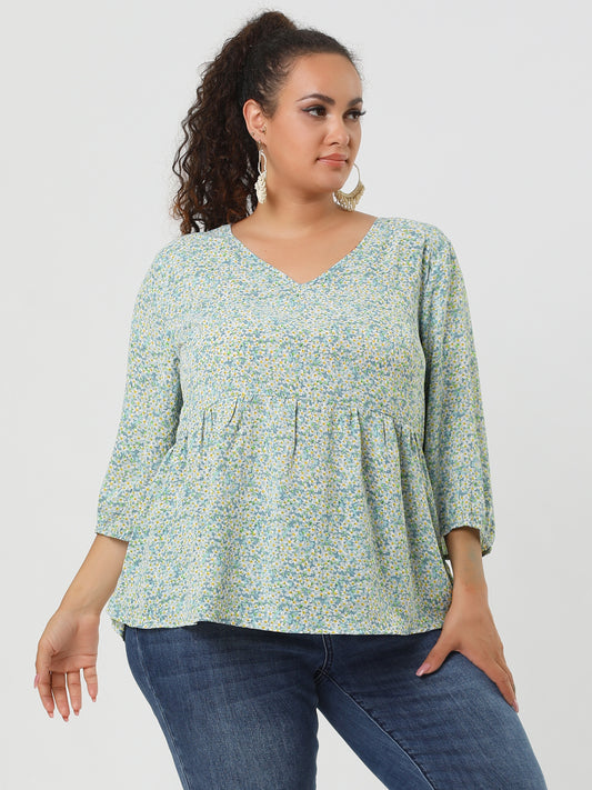Women's Plus Size Top V Neck Babydoll Flowy 3/4 Lantern Sleeve Floral Blouse