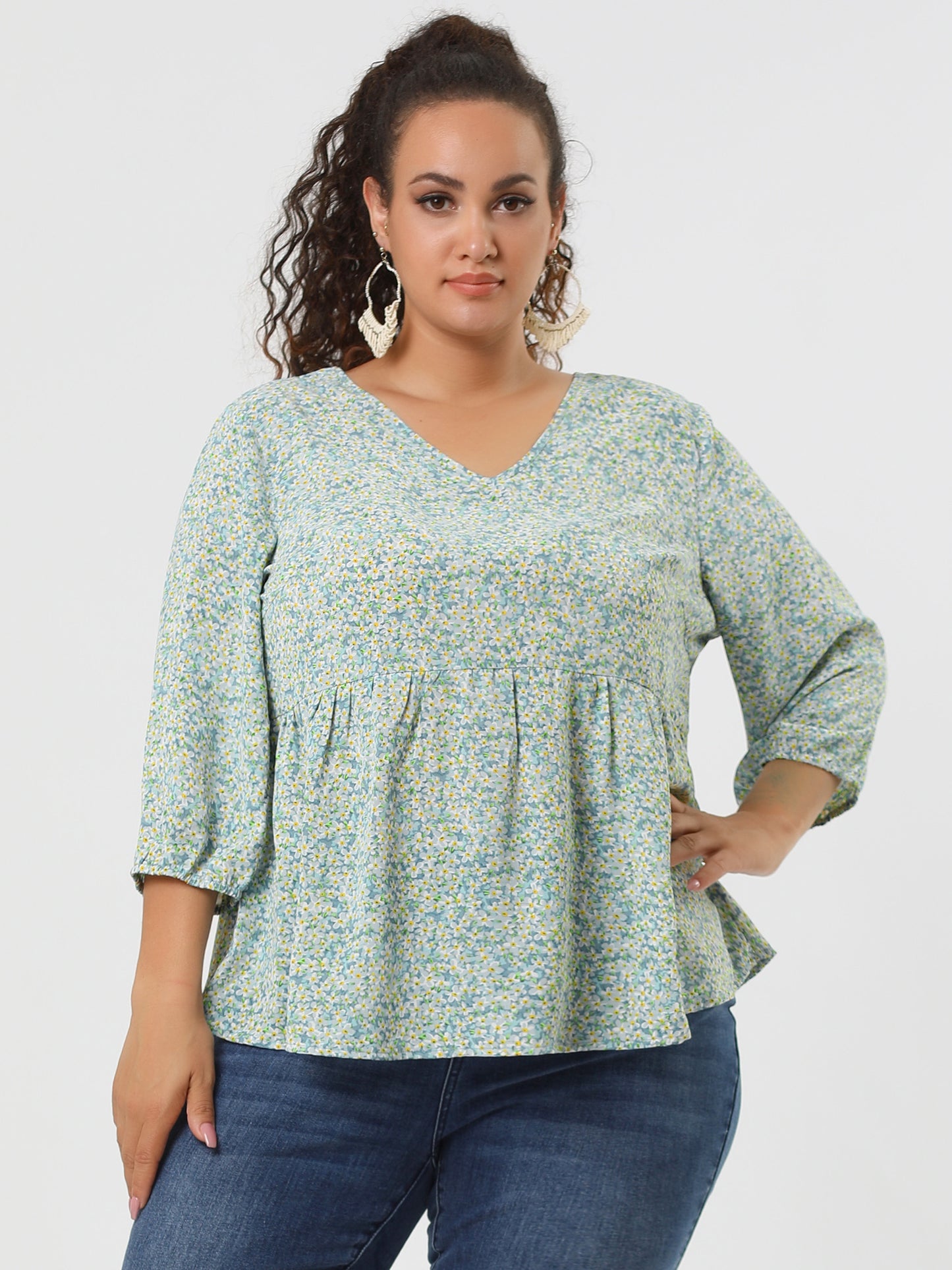 Women's Plus Size Top V Neck Babydoll Flowy 3/4 Lantern Sleeve Floral Blouse