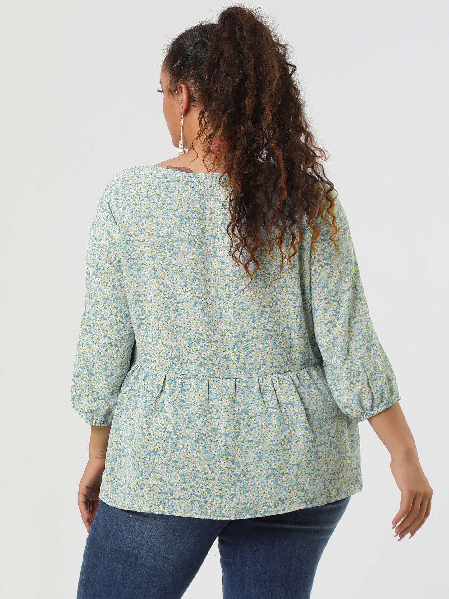 Women's Plus Size Top V Neck Babydoll Flowy 3/4 Lantern Sleeve Floral Blouse