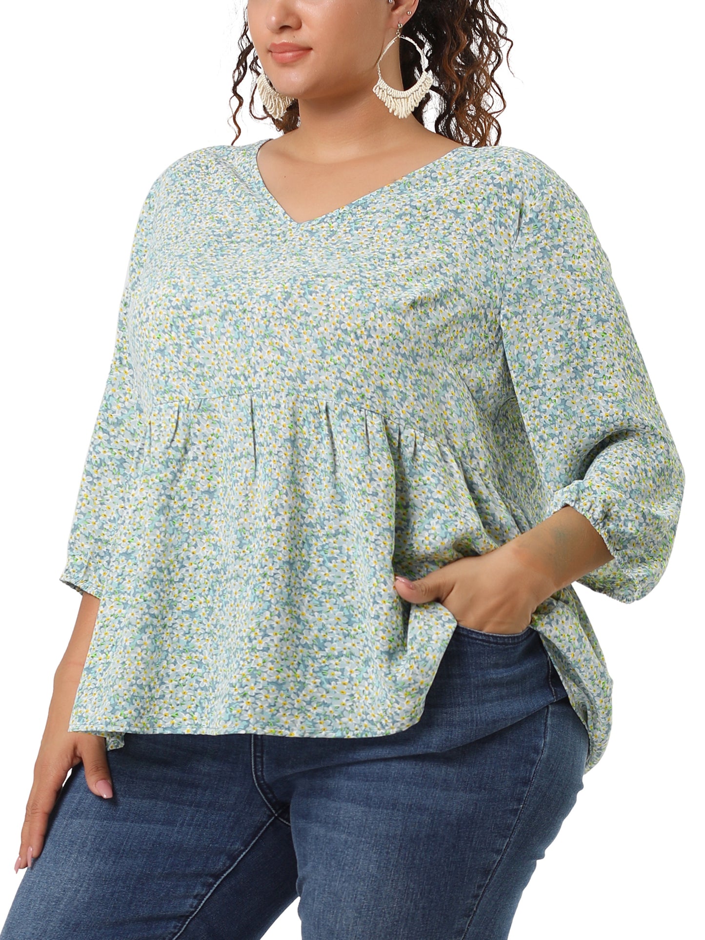 Women's Plus Size Top V Neck Babydoll Flowy 3/4 Lantern Sleeve Floral Blouse