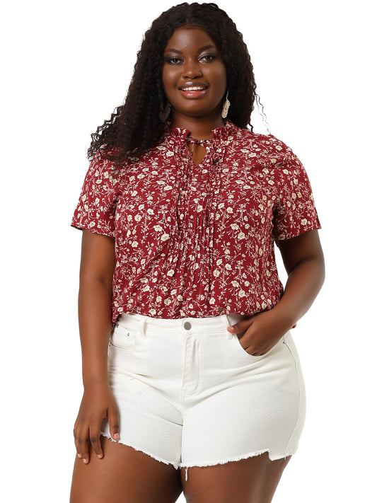 Blusa de verano plisada con estampado floral y manga corta con cuello anudado para mujer, talla grande
