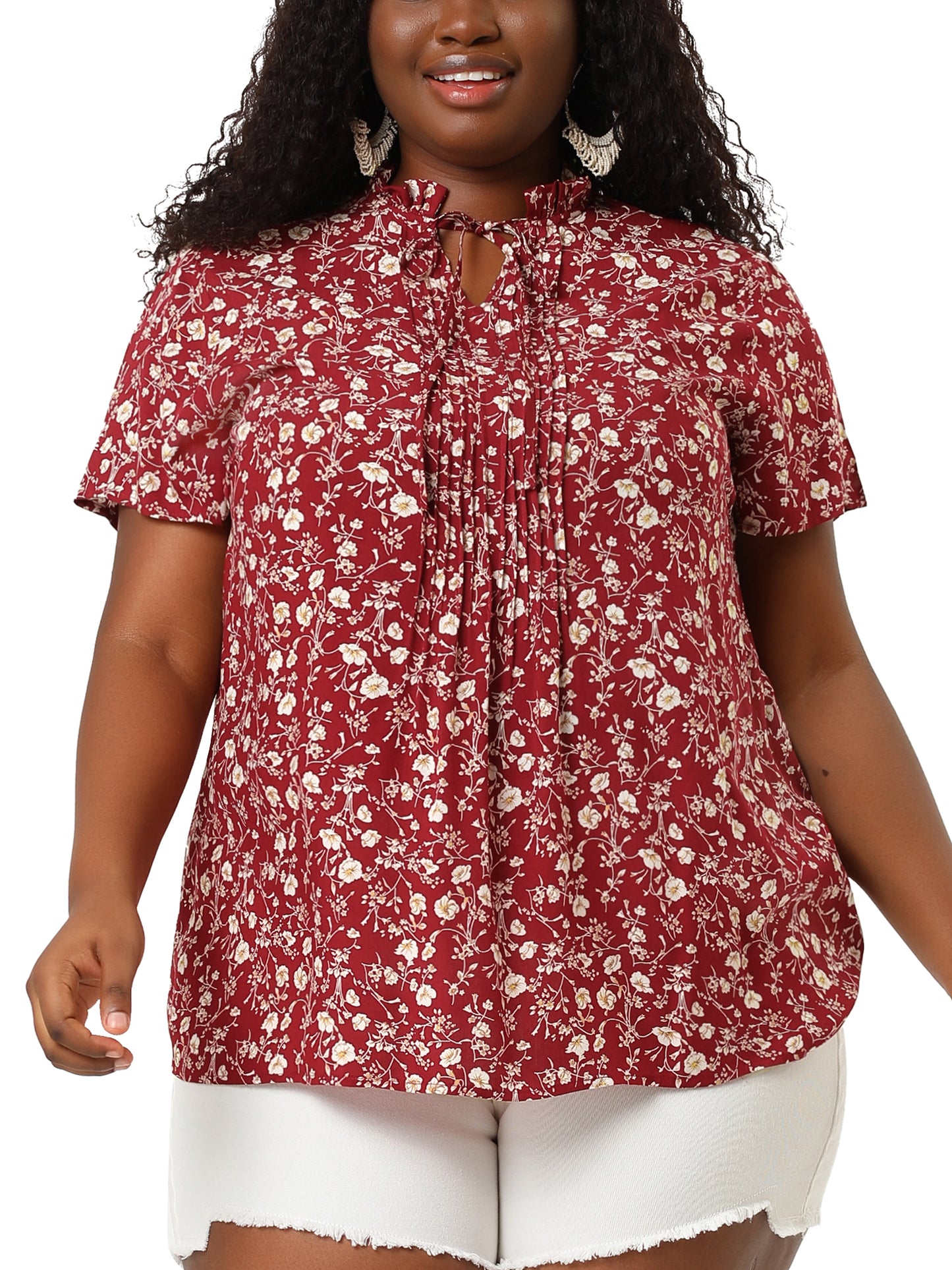 Women Plus Size Tie Neck Short Sleeve Pleated Floral Summer Blouse