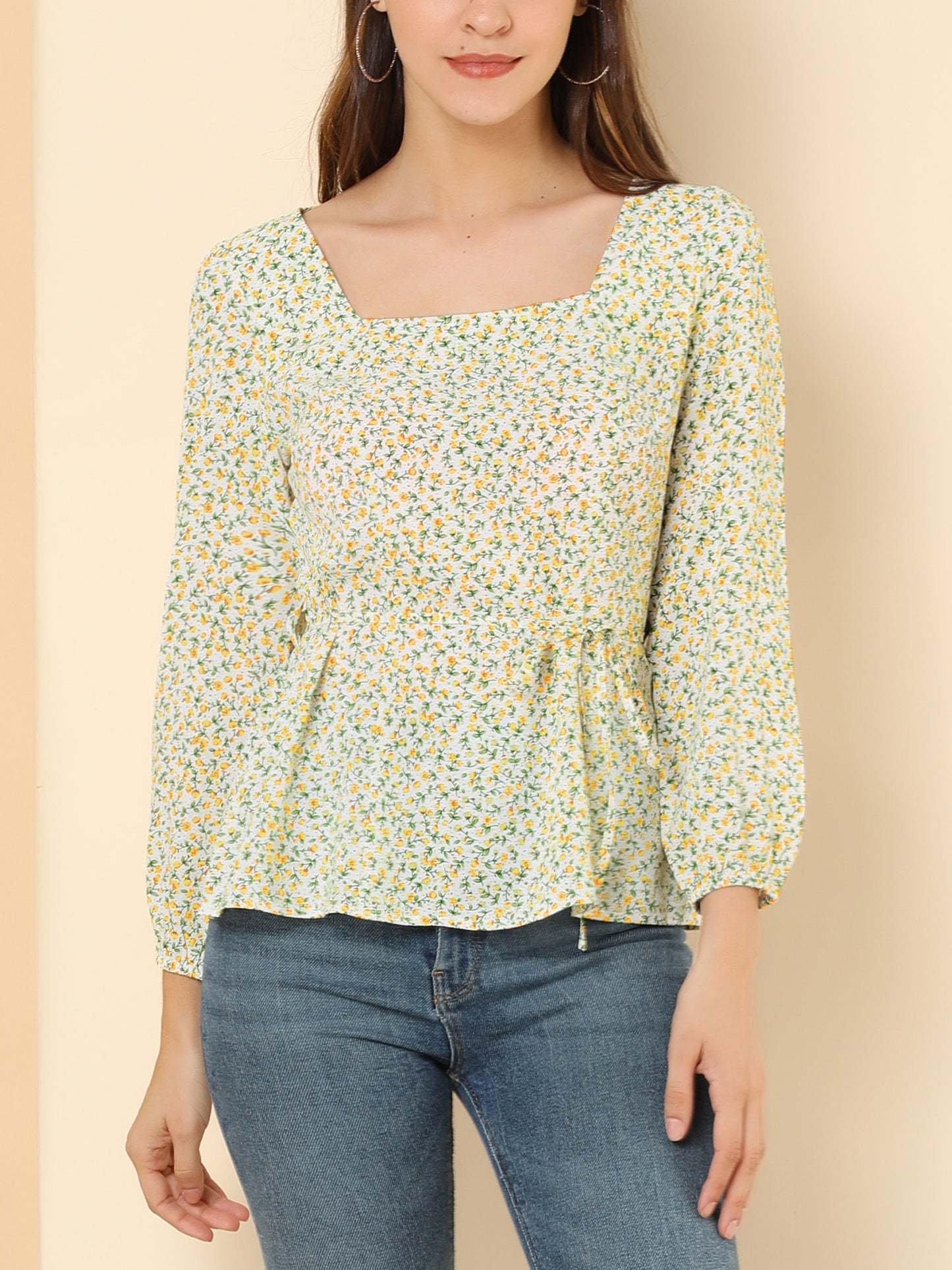 Blusa floral para mujer, cuello cuadrado, cintura con cinturón, top peplum