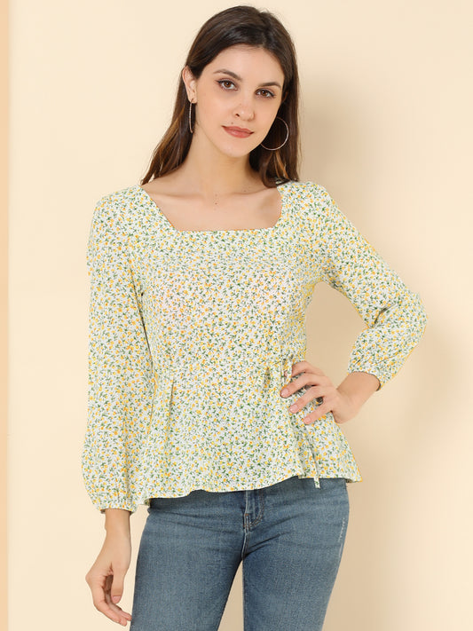 Blusa floral para mujer, cuello cuadrado, cintura con cinturón, top peplum