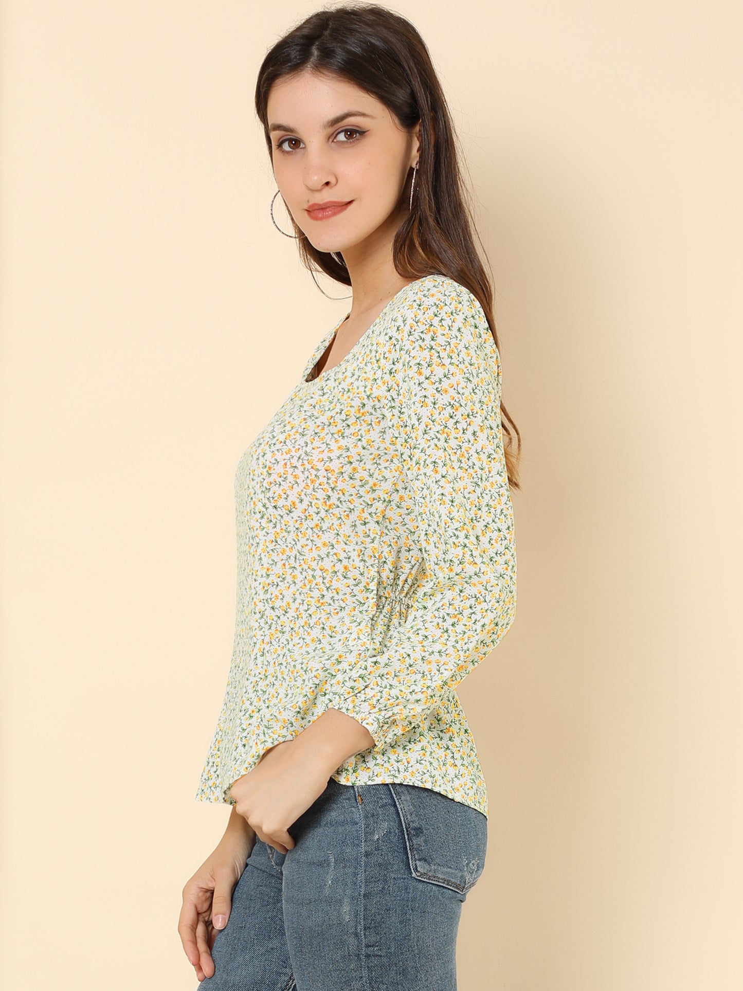 Blusa floral para mujer, cuello cuadrado, cintura con cinturón, top peplum