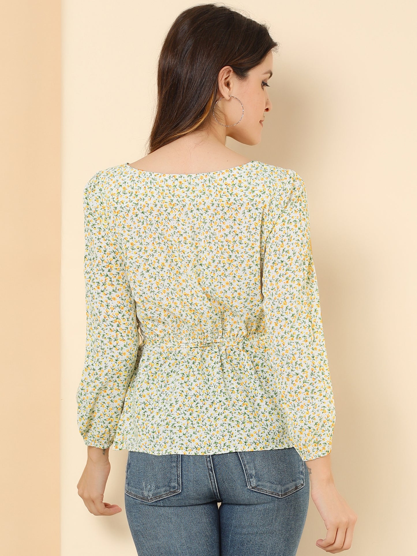 Blusa floral para mujer, cuello cuadrado, cintura con cinturón, top peplum