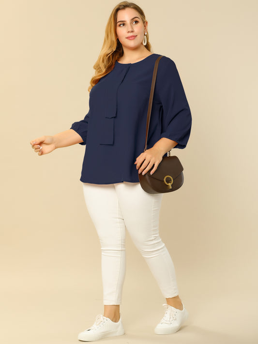 Blusa de gasa con cuello redondo y volantes para mujer, talla grande