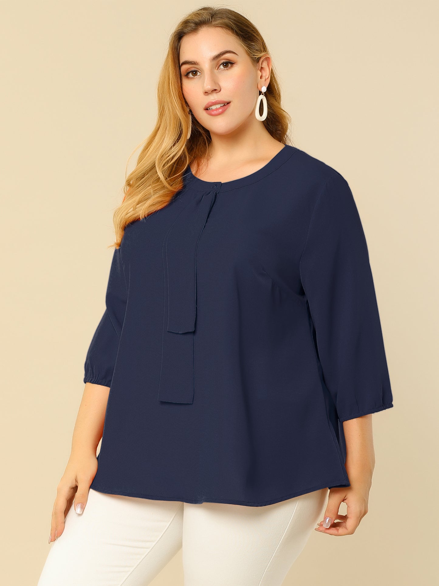 Blusa de gasa con cuello redondo y volantes para mujer, talla grande