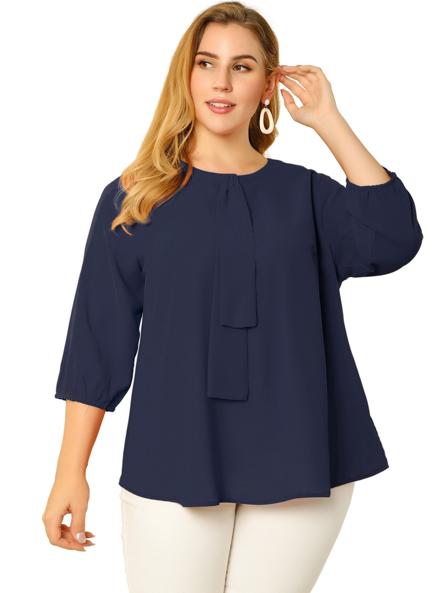 Blusa de gasa con cuello redondo y volantes para mujer, talla grande