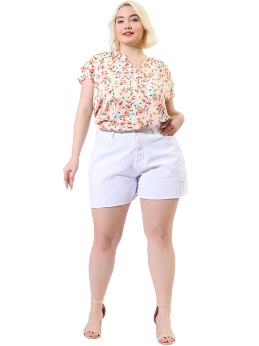 Blusa de mujer con cuello en V, mangas a capas y estampado floral, ribete con volantes, talla grande