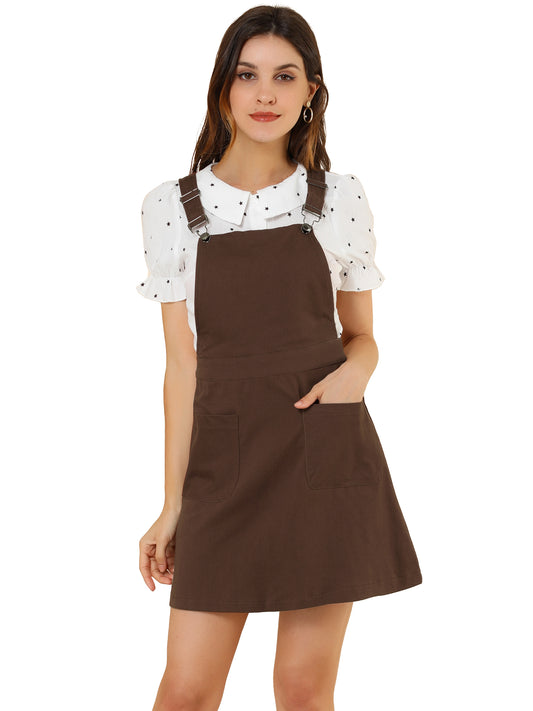 Women's Adjustable Strap Suspender Skirt with Pocket A-Line Pinafore Overall Dress