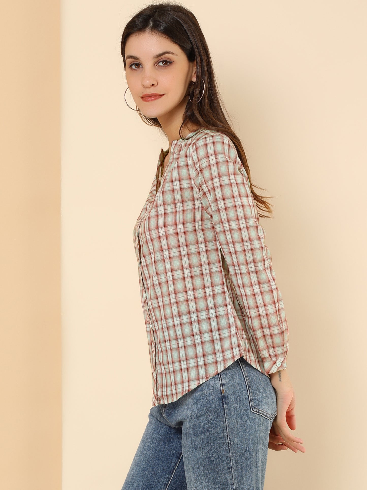 Women's Plaid Shirt Button Up V Neck Long Sleeve Top