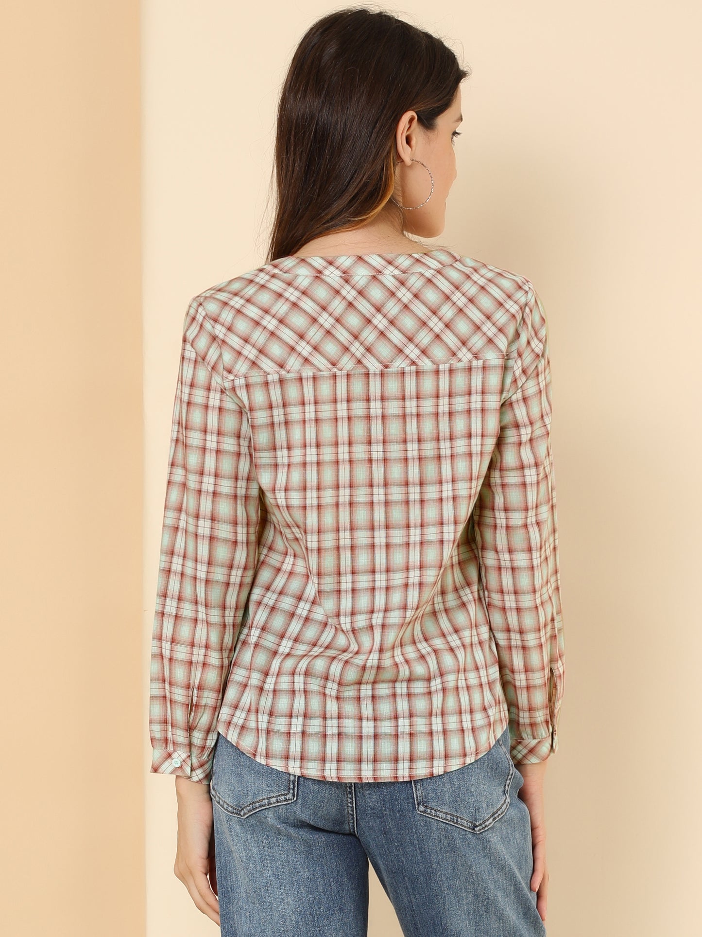 Women's Plaid Shirt Button Up V Neck Long Sleeve Top