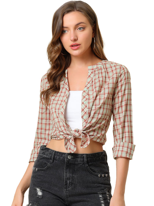 Camisa a cuadros para mujer con cuello en V, botones y manga larga