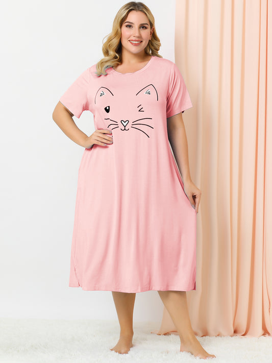 Women's Plus Size Nightgowns Pajama Dress Cute Cat Loose Loungewear with Pockets