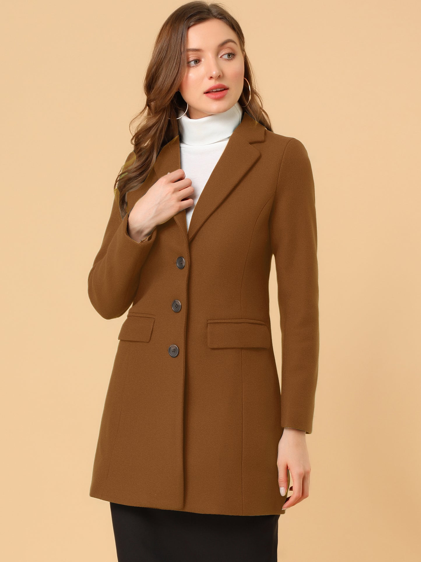 Allegra K Notched Lapel Single Breasted Outwear Winter Coat Dark Brown
