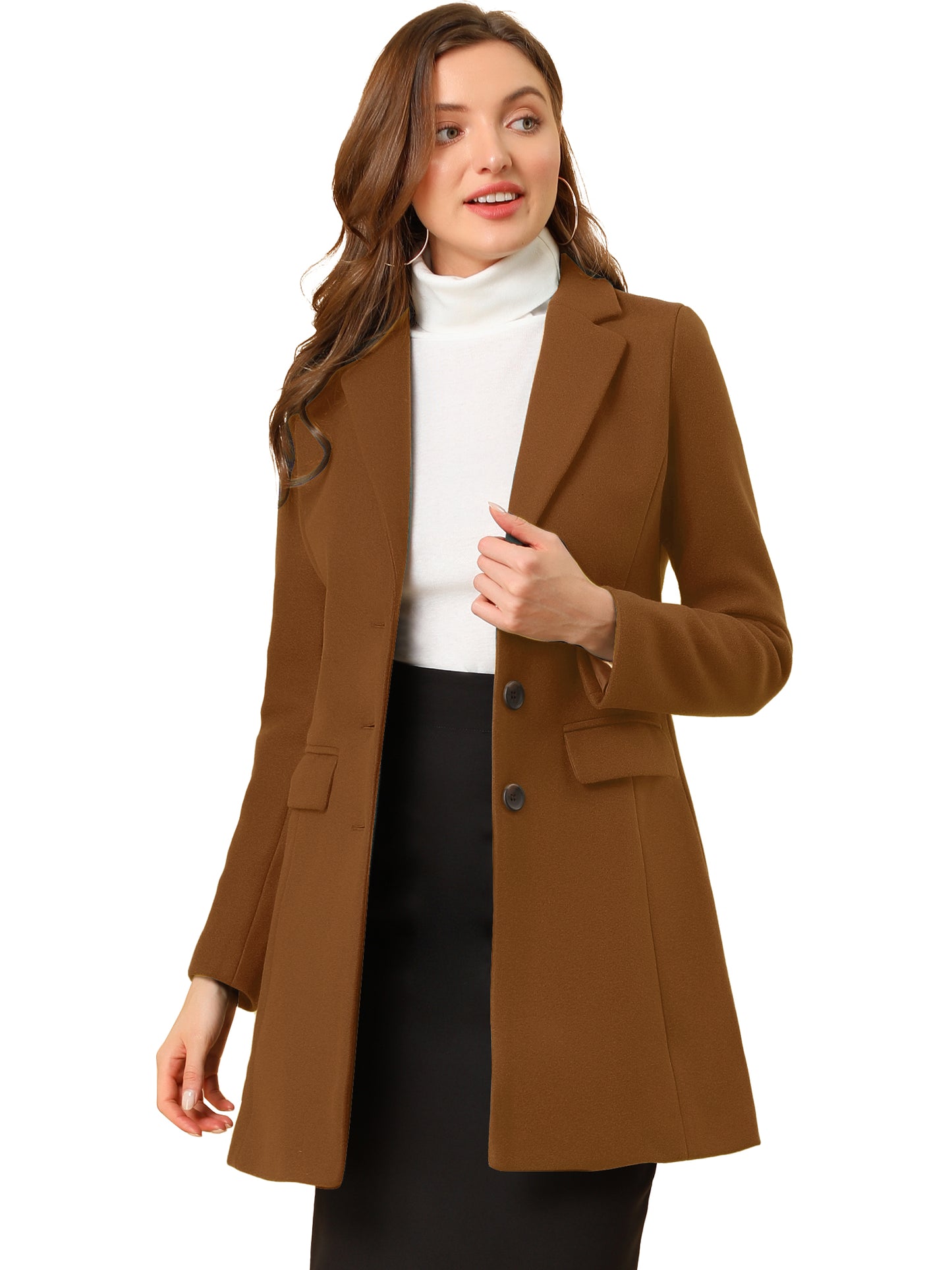 Allegra K Notched Lapel Single Breasted Outwear Winter Coat Dark Brown