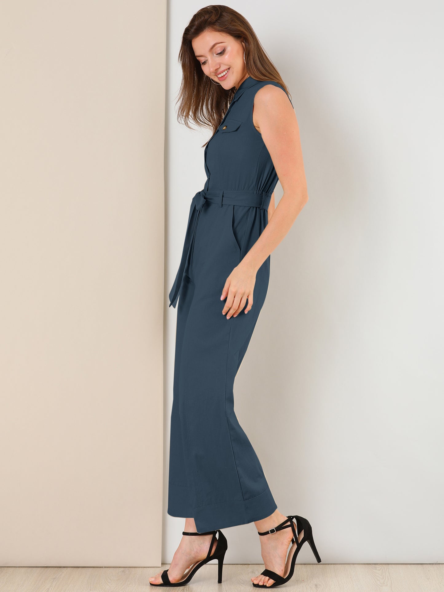 Women's Wide Leg Jumpsuit Sleeveless Collared Tie Waist Coverall Button Down Cargo Jumpsuits