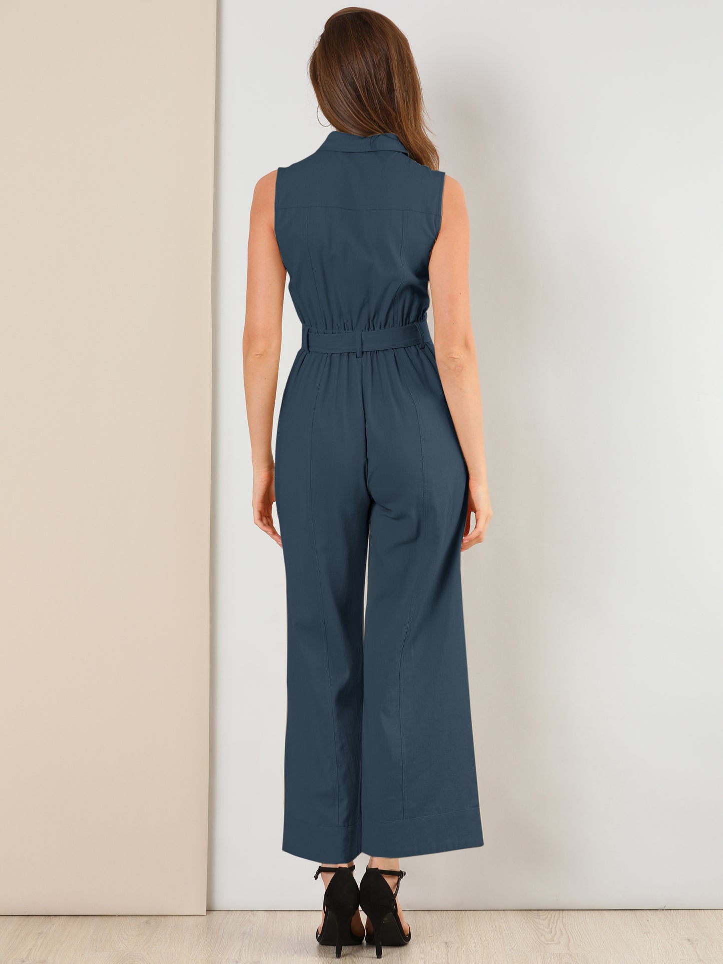 Women's Wide Leg Jumpsuit Sleeveless Collared Tie Waist Coverall Button Down Cargo Jumpsuits