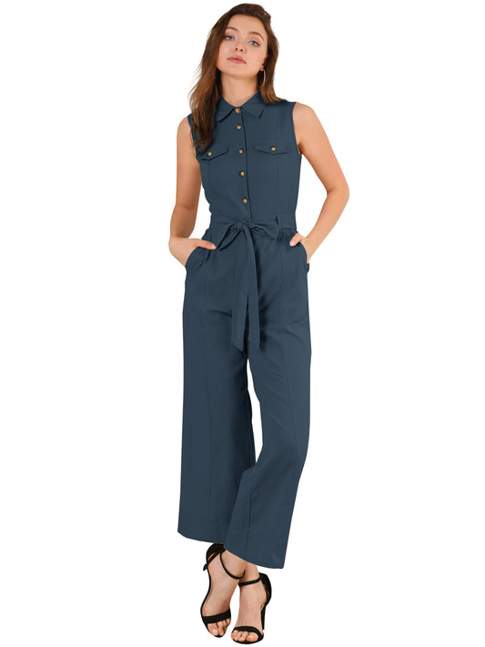 Women's Wide Leg Jumpsuit Sleeveless Collared Tie Waist Coverall Button Down Cargo Jumpsuits
