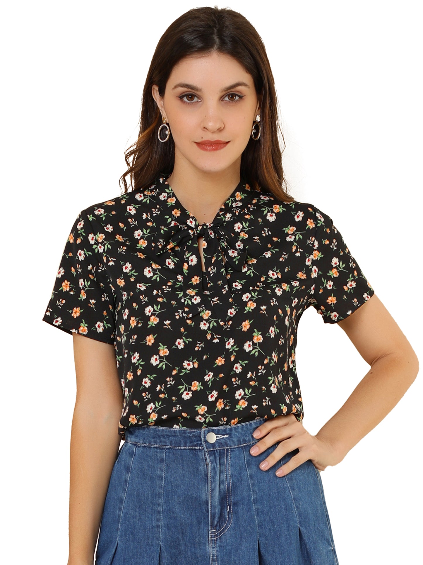 Women's Bow Tie Neck Short Sleeve Printed Chiffon Blouse