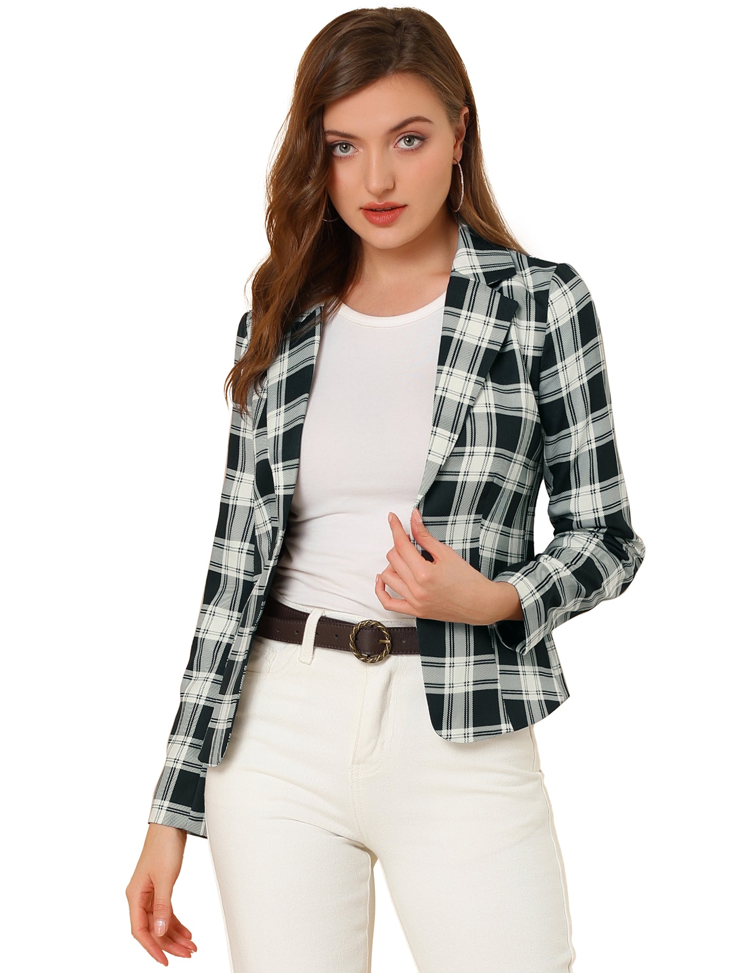 Women's Fitted Blazer Notch Lapel Printed Open Front Suit Jacket (Available in Plus Size)