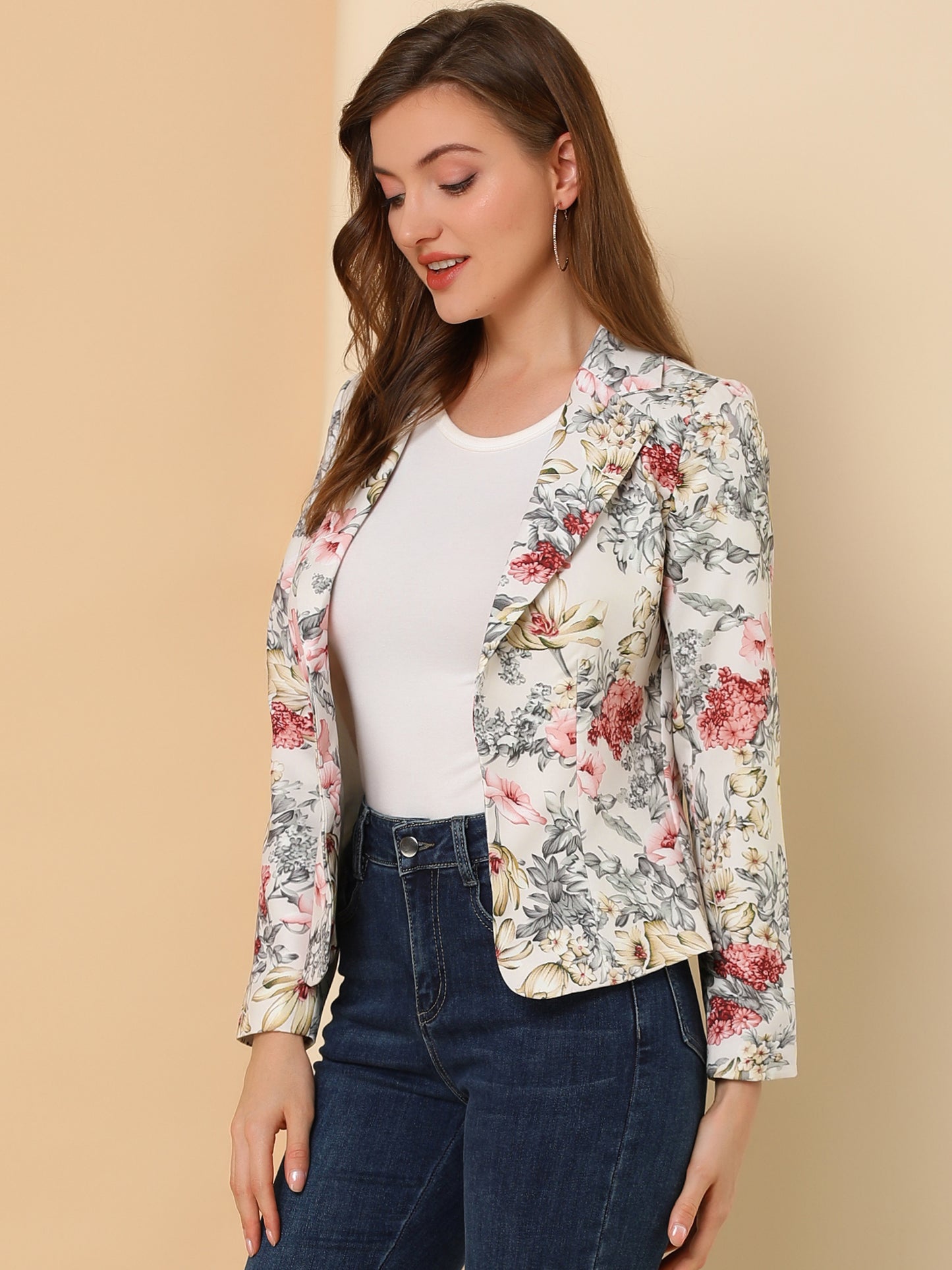 Women's Fitted Blazer Notch Lapel Printed Open Front Suit Jacket (Available in Plus Size)