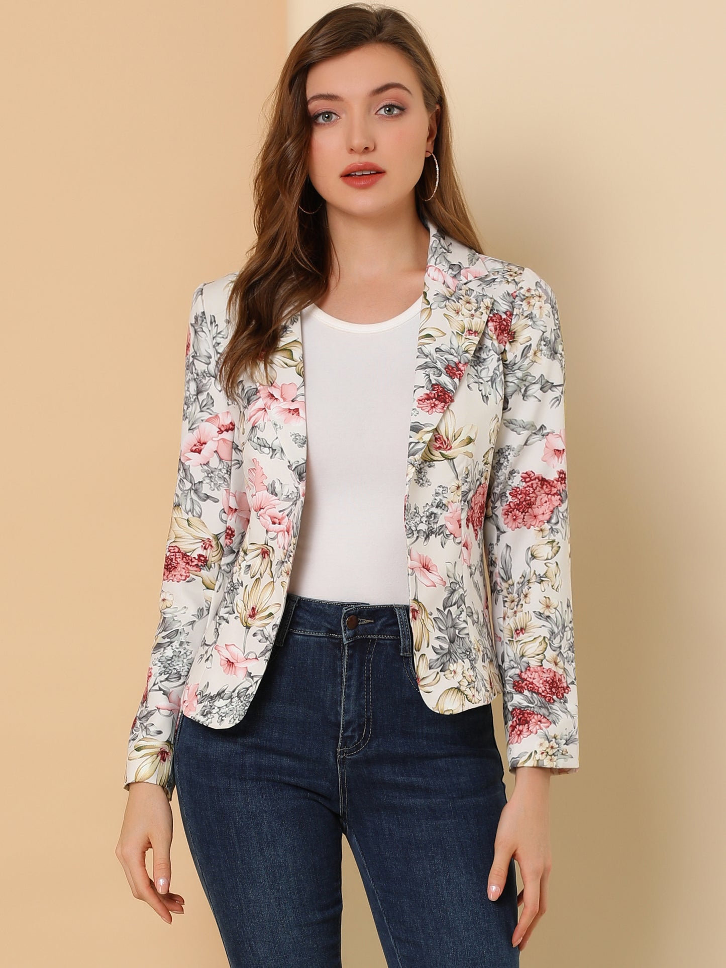 Women's Fitted Blazer Notch Lapel Printed Open Front Suit Jacket (Available in Plus Size)