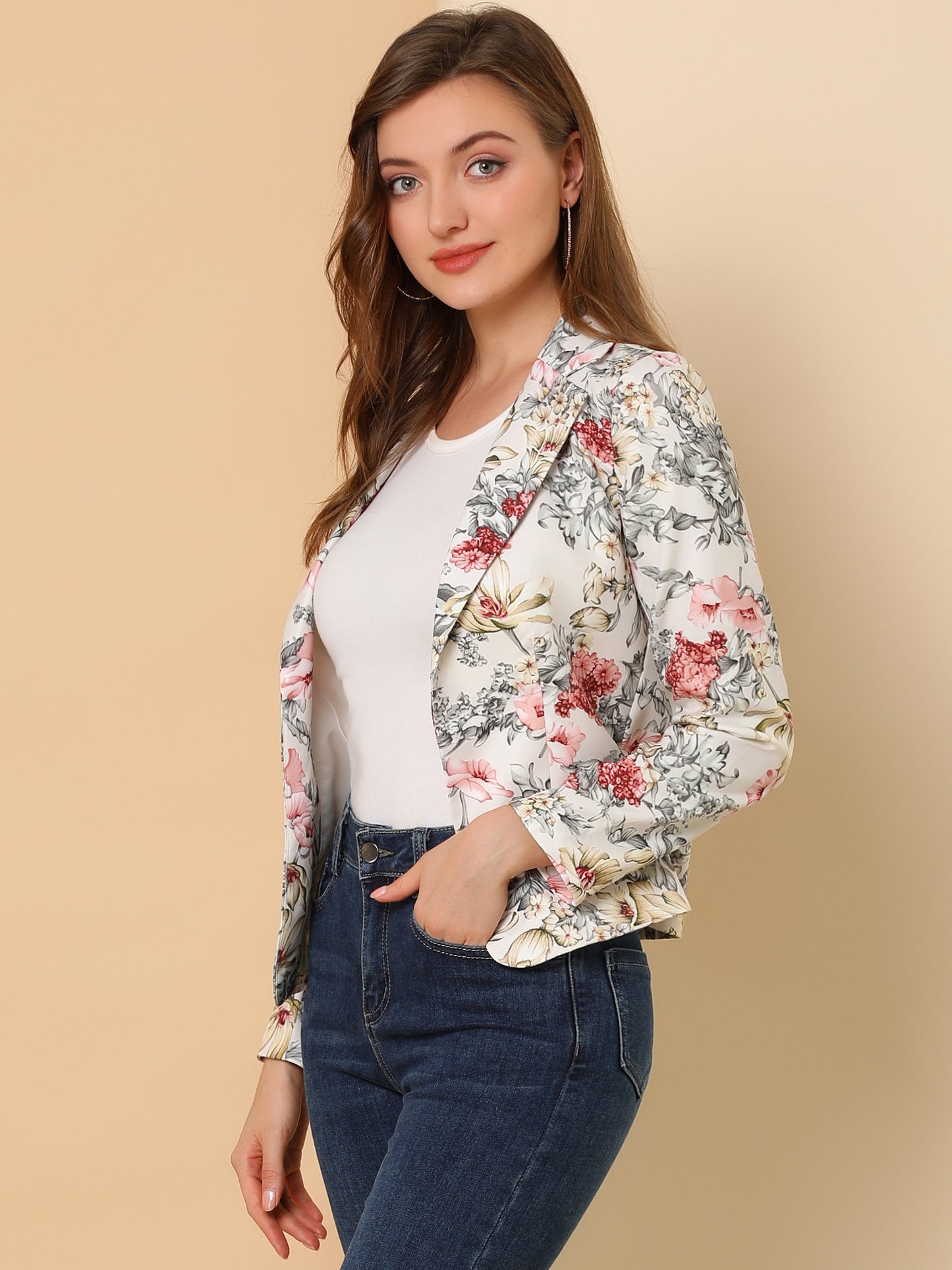 Women's Fitted Blazer Notch Lapel Printed Open Front Suit Jacket (Available in Plus Size)
