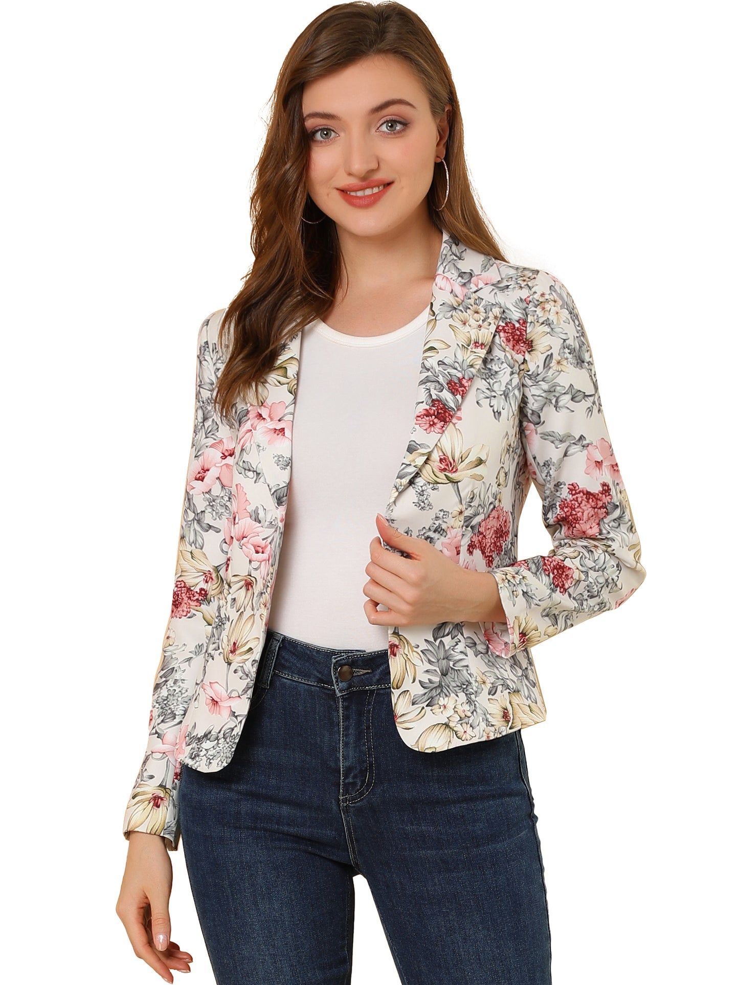 Women's Fitted Blazer Notch Lapel Printed Open Front Suit Jacket (Available in Plus Size)