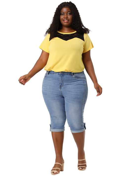 Vaqueros capri de mezclilla de talla grande para mujer, ajustados, elásticos, de tiro medio y con bolsillos