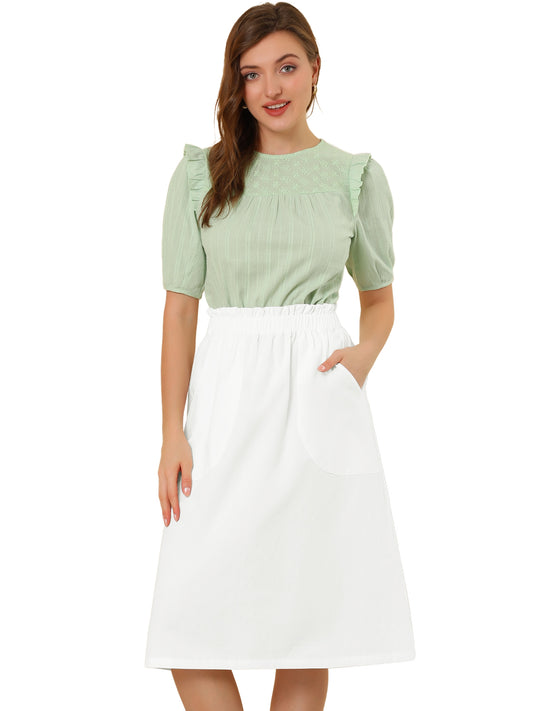 Women's Casual Cotton Skirt Elastic Waist Scrub Peasant A-Line Midi Skirts with Pockets (Available in Plus Size)
