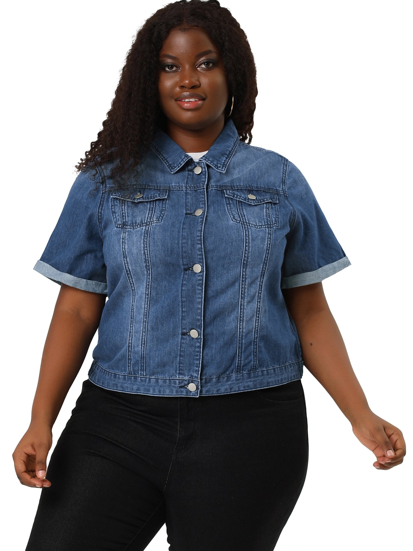 Women's Plus Size Denim Jacket Short Sleeve Lapel Button Front Work Western Outfit Jean Jackets
