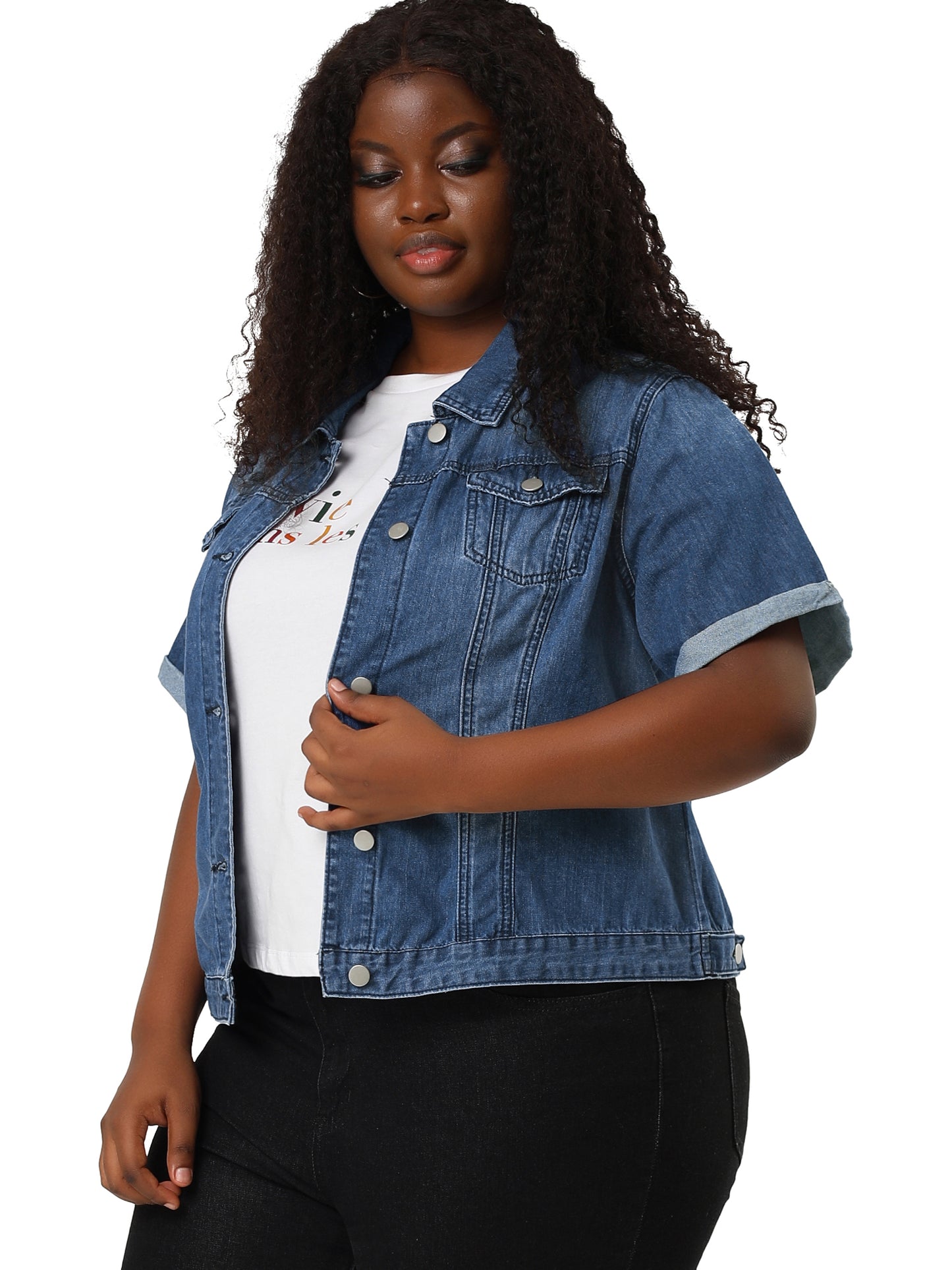 Women's Plus Size Denim Jacket Short Sleeve Lapel Button Front Work Western Outfit Jean Jackets