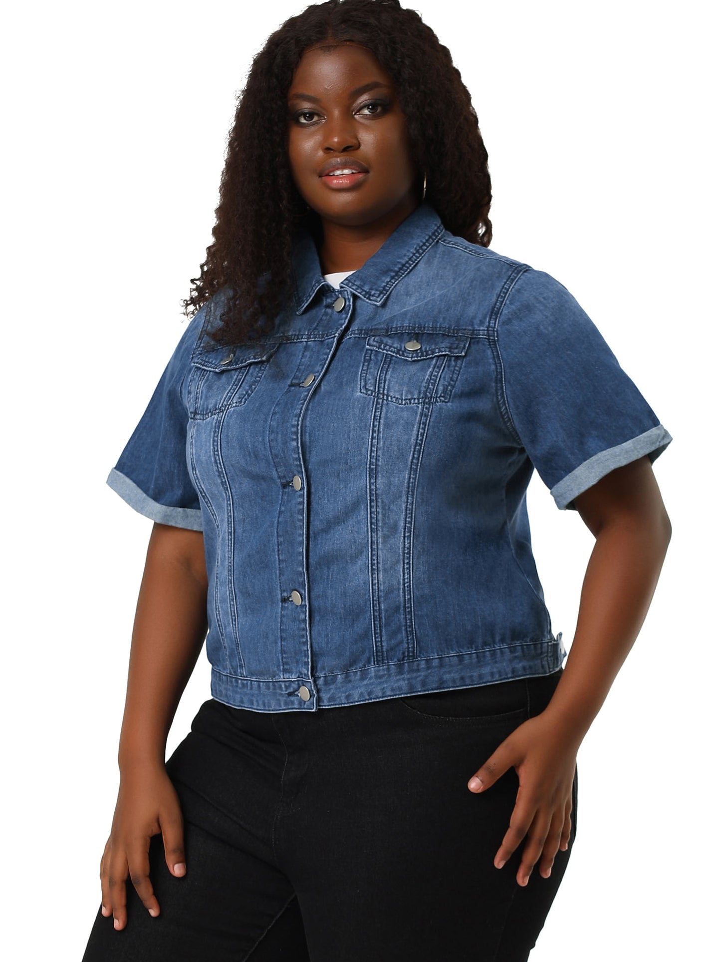 Women's Plus Size Denim Jacket Short Sleeve Lapel Button Front Work Western Outfit Jean Jackets