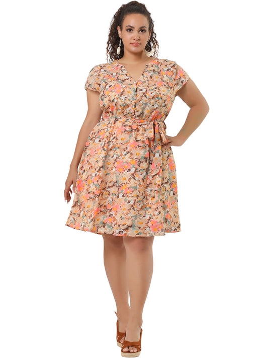 Women's Plus Size V Neck Belted Summer Floral Dresses