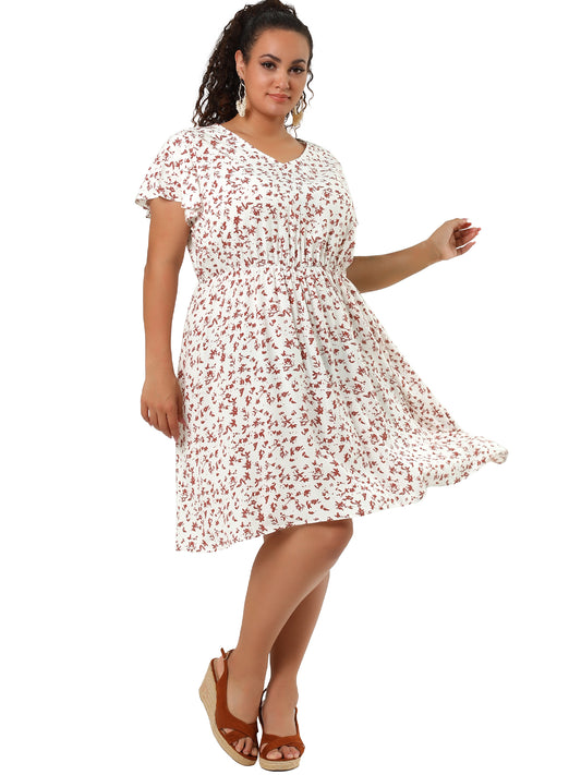 Vestido veraniego de talla grande con escote en V y mangas acampanadas para mujer, vestido midi con volantes y peplum