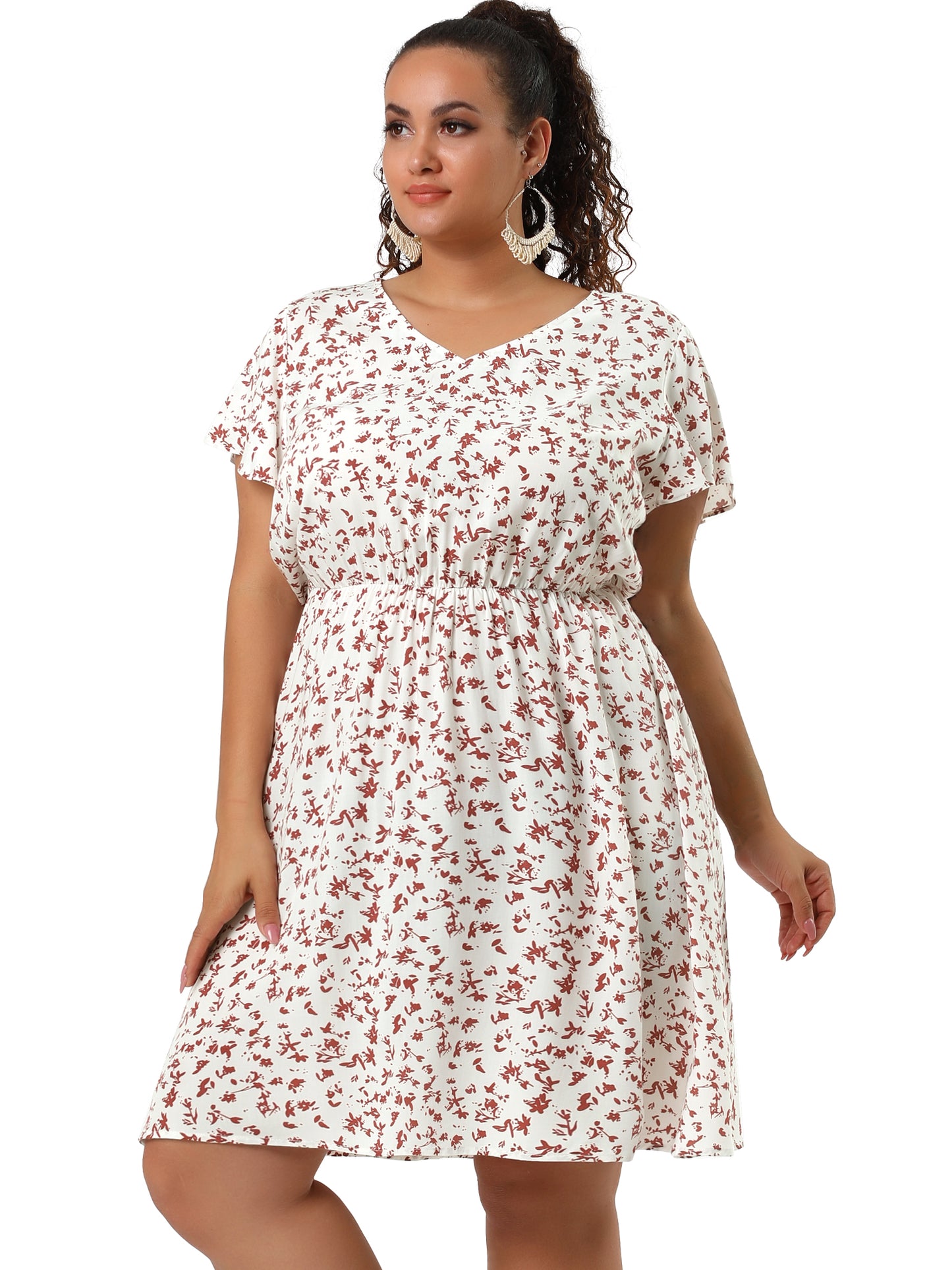 Women Plus Size Summer V Neck Flare Sleeve Sundress Peplum Midi Ruffle Dress