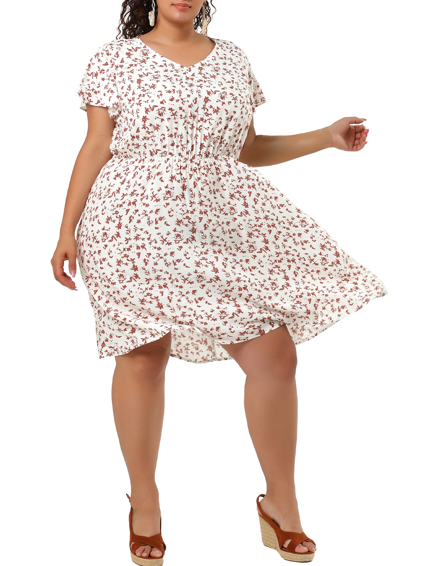 Women Plus Size Summer V Neck Flare Sleeve Sundress Peplum Midi Ruffle Dress