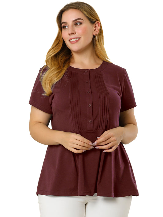 Women Plus Size Peplum Shirt Summer Round Neck Short Sleeve Work Top