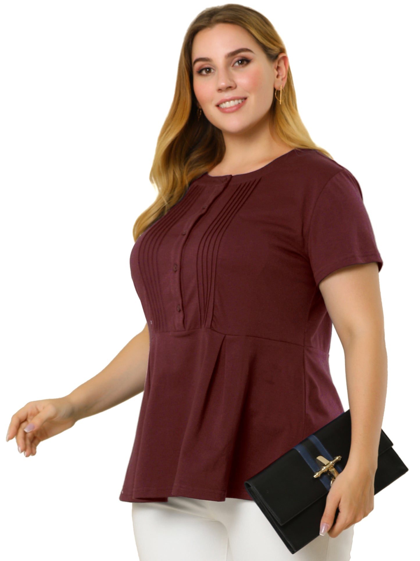 Women Plus Size Peplum Shirt Summer Round Neck Short Sleeve Work Top