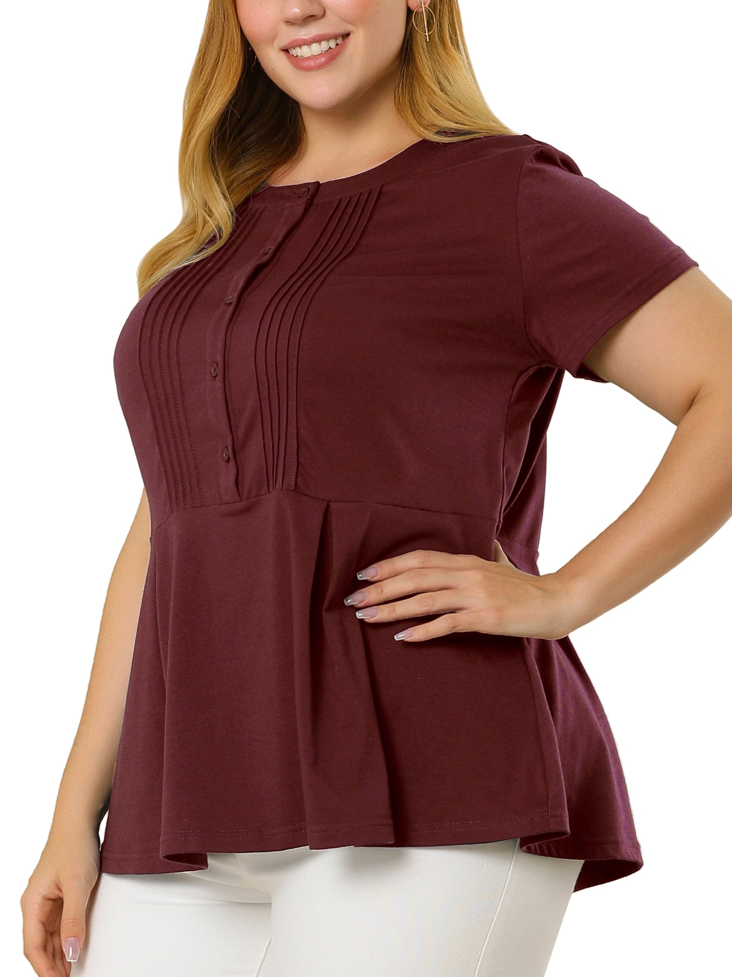 Women Plus Size Peplum Shirt Summer Round Neck Short Sleeve Work Top