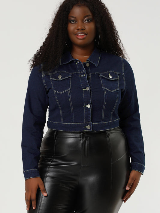 Women's Plus Size Button Closed Cropped Stitching Denim Jacket