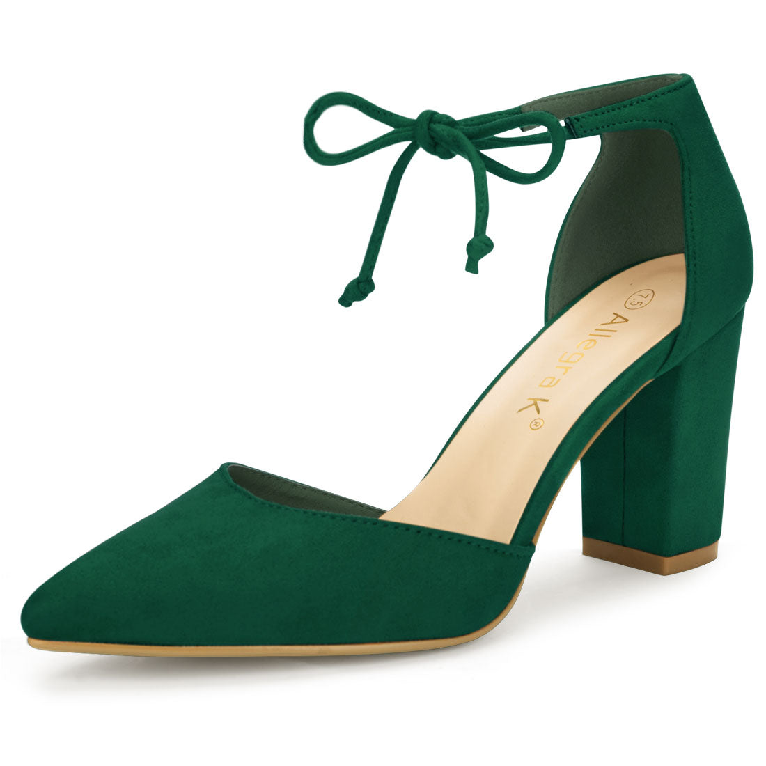 Zapatos de vestir con punta puntiaguda y tacón grueso con lazo en el tobillo para mujer