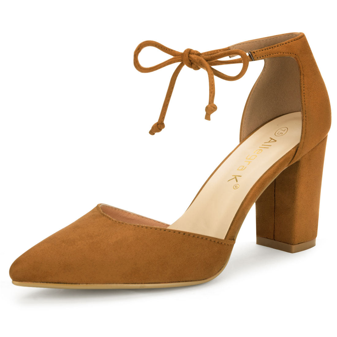 Zapatos de vestir con punta puntiaguda y tacón grueso con lazo en el tobillo para mujer